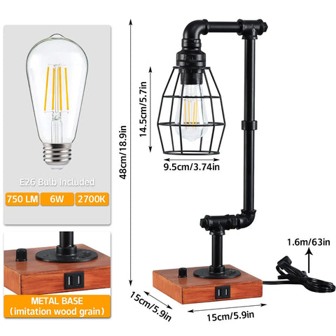 Stepless Dimmable Industrial Nightstand Lamp With Dual USB Ports, Edison Rustic Metal Pipe Look, 6W LED, black and wood base