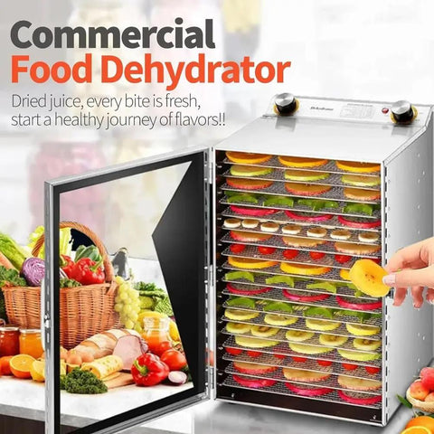 Straight Up Boss Stainless Steel Freeze Dryer With Twelve Sturdy Trays And Smart 12 Hour Timer, showcasing vibrant dehydrated fruits on trays.