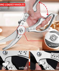 Heavy Duty Poultry Shears Kitchen Scissors With Non Slip Handle And Safety Lock A Real Workhorse For Cutting Chicken Meat Turkey Fish And Veggies Spring Loaded And Dishwasher Safe, showing spring-loaded handles and locking mechanism.