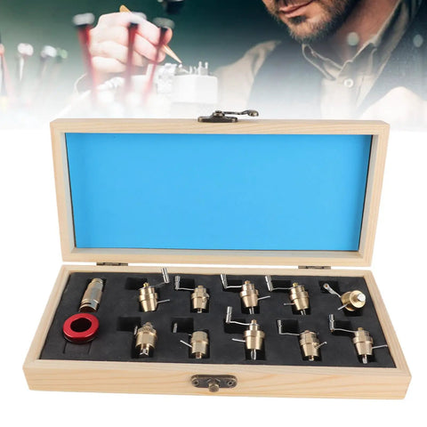 Mainspring Winder Set For Watch Repair Brass Tool Kit With Storage Box showing brass winders in a wooden case