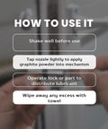 Instructions on using Graphite Lubricant 0.21 Oz Dry Powder Lube Bundle With Microfiber Towel on a metal mechanism.