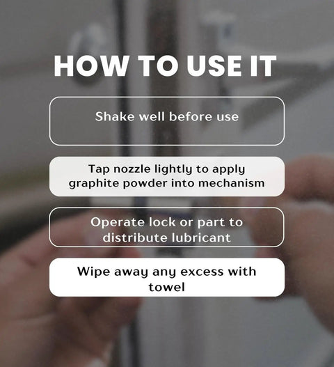 Instructions on using Graphite Lubricant 0.21 Oz Dry Powder Lube Bundle With Microfiber Towel on a metal mechanism.