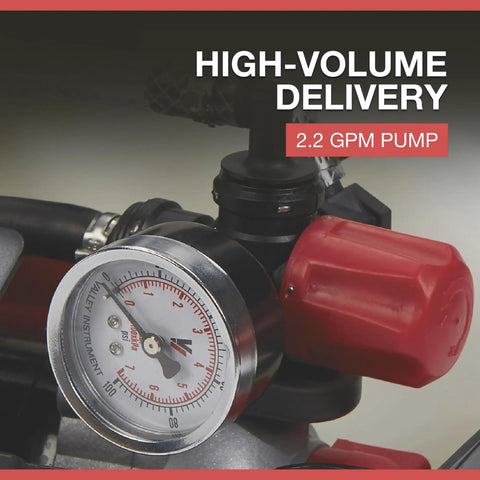 Close-up of 2.2 GPM pump gauge on ATV Boomless Broadcast And Spot Sprayer With 16 Gallon Tank 2.2 GPM On Demand 70 PSI 12V Power 14 Foot Spray Swath NSQ Series Pump For Fast Reliable Field And Lawn Coverage.