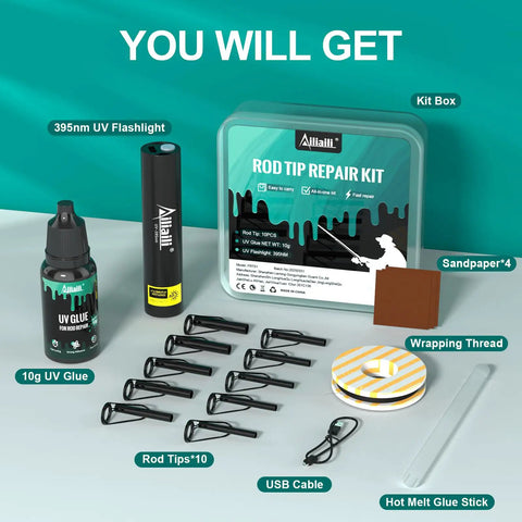 Fishing Rod Tip Repair Kit With 10 Eyelet Sizes, UV Glue And UV Flashlight, Wrapping Thread, Sandpaper, Storage Box, Charging Cable, And Glue Sticks for easy pole tip replacement.