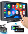 Wireless CarPlay And Android Auto Receiver with Plug And Play 7 Inch HD Touch Screen, backup camera, smartphone icons visible