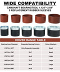 BTSHUB universal cam bearing tool set with five brown rubber sleeves and five chrome-cap metal sleeves for 1.125–2.69 in bearings