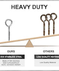 Comparison of 304 stainless steel eye hook versus low quality material on a balance scale, text showing heavy duty and material differences.