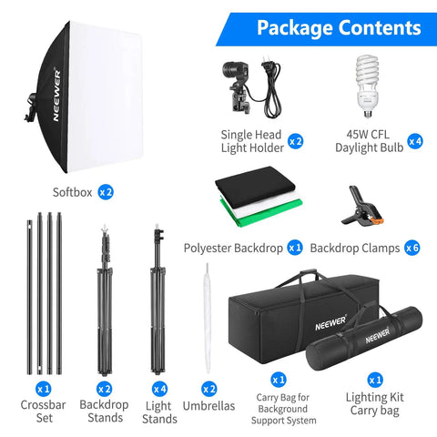 Pro Grade Photo Lighting Gear Kit With Backdrops And Stands For Studio Photo And Video Shoots Eight Point Five By Ten Foot Backdrop Set