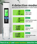 4 In 1 TDS Meter And Water Tester Pro With EC And Temperature Readout, modes displayed: TDS, conductivity, Celsius, Fahrenheit.