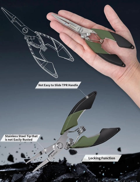 Decked-Out Fishing Tools Kit with 6.5 Inch Pliers and 4.6 Inch Scissors, showing pro grade stainless steel and TPR handle design.