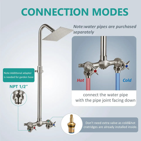 Outdoor Shower Kit with Brushed Nickel Finish All Metal Construction Built To Last 6 Inch Rain Shower Head with 360 Degree Rotation Adjustable Slide Bar Dual Handle Mix Valve Rust Resistant Stainless Steel and Brass for Outdoor Use