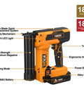 Diagram of 20V Cordless Pro Grade 2 In 1 18 Gauge Nailer And Stapler Kit With features labeled including battery and safety mechanisms