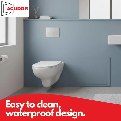8x8 inch heavy duty hinged drywall access panel installed in a modern bathroom for plumbing and electrical access.