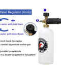 Short Pressure Washer Gun With Foam Cannon And One Quarter Inch Quick Connector Five Nozzle Tips And One Liter Bottle M22 Compatible All Purpose Power Washing Tool For Cars Decks And Driveways showing water regulator and spray nozzle.