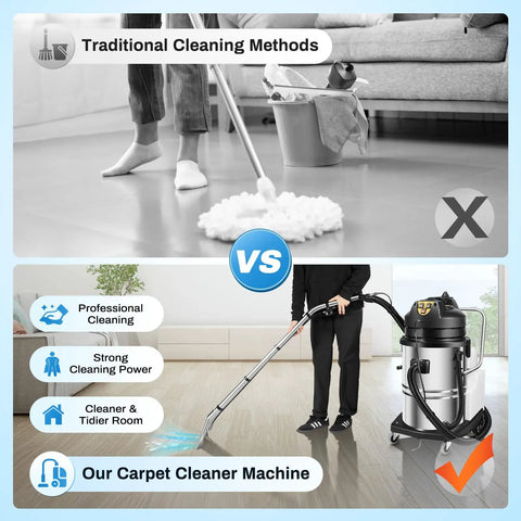 Comparison of traditional methods vs Badass Commercial Carpet Cleaner 60L 3 In 1 Industrial Steam Vacuum For Hotels Office Workhorse.