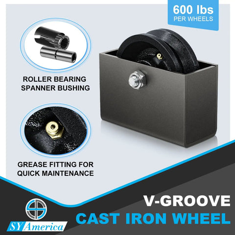 Beefy Heavy Duty Cast Iron V Groove Wheel 4 Inch By 1.5 Inch With Steel Housing, 600 Lbs Load Per Wheel, Boxed Track Wheel For Sliding Gate, Rail System, Cart And Machinery, Black, 2 Pack