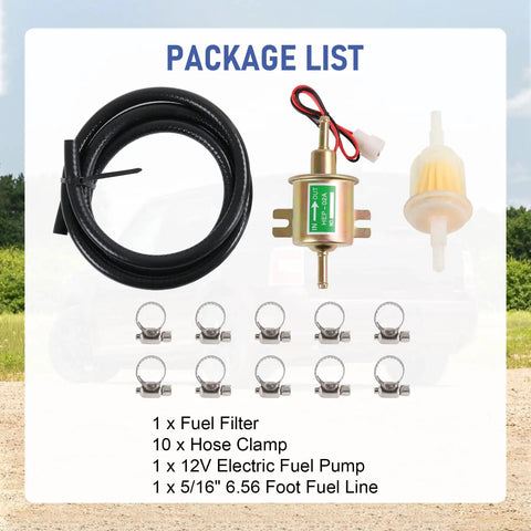 12V Electric Fuel Pump Kit Plug And Play, Low Pressure 3 To 6 PSI with fuel pump, filter, clamps, and hose in package