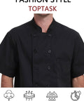 Moisture Wicking Mesh Chef Jacket For Men, Cool Flow Short Sleeve Culinary Coat With Handy Sleeve Pocket, Pro Level Double Breasted Kitchen Wear, Daily Grind Restaurant Uniform And Top Shelf Cooking Apparel in black.