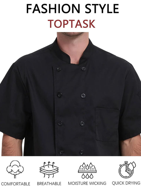 Moisture Wicking Mesh Chef Jacket For Men, Cool Flow Short Sleeve Culinary Coat With Handy Sleeve Pocket, Pro Level Double Breasted Kitchen Wear, Daily Grind Restaurant Uniform And Top Shelf Cooking Apparel in black.