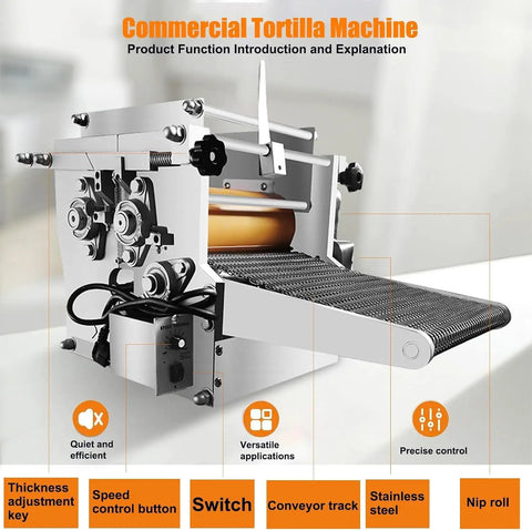 Heavy Duty Commercial Tortilla Press Machine Stainless Steel Electric for Tacos Roti Chapatti Sopes with conveyor track.