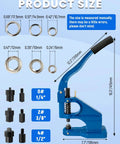 Pro Grade Grommet Tool Kit With Eyelet And Rivet Press Three Dies One Quarter One Half And 1500 Grommets Hand Press Machine dimensions