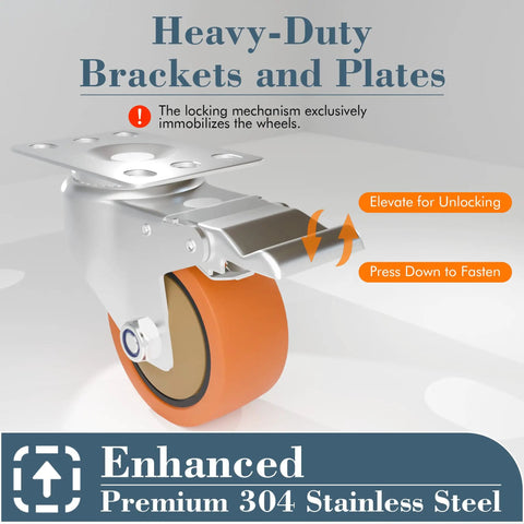 3 Inch 304 Stainless Steel Caster Wheels Set Of 2 With Swivel Brake Rust Resistant Heavy Duty Industrial Casters locking mechanism detail