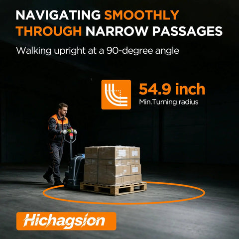Heavy Duty 4400 Lbs Full Electric Pallet Jack Truck With 48V 20AH Fast Charging Lithium Battery And 6 Hour Runtime For Tough Warehouse Moves navigating narrow aisles with stacked boxes.