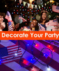 Patriotic 200 LED Red White Blue String Lights Indoor Outdoor 75.8 Ft used at a 4th of July party celebration with flags