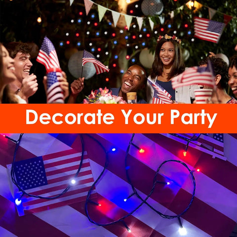 Patriotic 200 LED Red White Blue String Lights Indoor Outdoor 75.8 Ft used at a 4th of July party celebration with flags