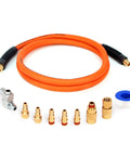 Six Foot Hybrid Air Compressor Hose Kit Including Ten Piece Built Tough Brass Fittings And 3/8 Inch Whips Plus 1/4 Npt Plugs For Pro Grade Shop Sessions And No Sweat Auto Repairs, featuring orange hose and brass connectors.