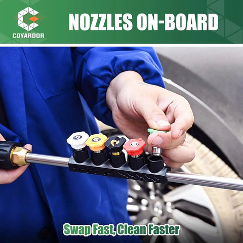 Person swapping nozzles on 3600 PSI Pressure Washer Gun Kit With Extension Wand Nozzle Holder And 5 Spray Tips M22 To 14mm Fitting Replacement For Ryobi Karcher Honda Greenworks Briggs And Stratton Gas Power Washers.