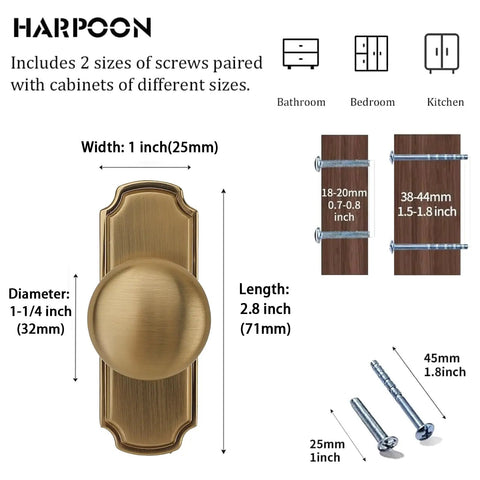 10 Pack 1 1/4 Inch Cabinet Knobs With Matching Backplates Antique Brass Vintage Drawer Pulls shown with size details and screw options.