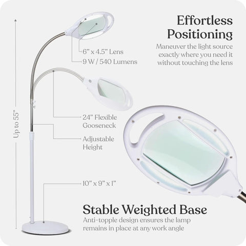 LightView Pro Magnifying Glass With Light And Stand For Hands Free Close Work, Sturdy Floor Lamp Magnifier With Bright LED Task Light For Facials, Lash Extensions, Sewing, Crafts And Micro Details