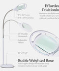 LightView Pro LED Magnifying Floor Lamp with Full Page Glass Lens, daylight full spectrum light, 24-inch gooseneck, white base.