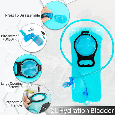 Close-up of 2L leak-proof water bladder with ergonomic handle and bite switch for Hydration Backpack With 2L Leak-Proof Water Bladder