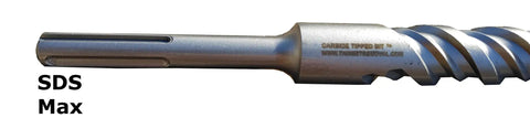 Close-up of SDS Max drill bit showing carbide-tipped head for 7 Piece Carbide Tipped Masonry Drill Bit Set For SDS Max Rotary Hammers Heavy Duty Concrete Brick Tile Bits With Long Reach 13 Inch Total Length Four High Grade Carbide Cutting Points For Fast Clean Holes.