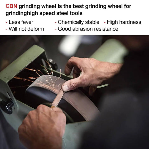 Person using CBN grinding wheel on high-speed steel tool for sharpening, highlighting stable and abrasion-resistant features.