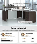 Upgrade Your Daily Grind With This Premium Executive Standing Desk Featuring Smooth Dual Electric Motors Four Memory Presets And Secure Storage L Shaped Khalba Oak Design installed with quick-attach frame and fully assembled cabinet.