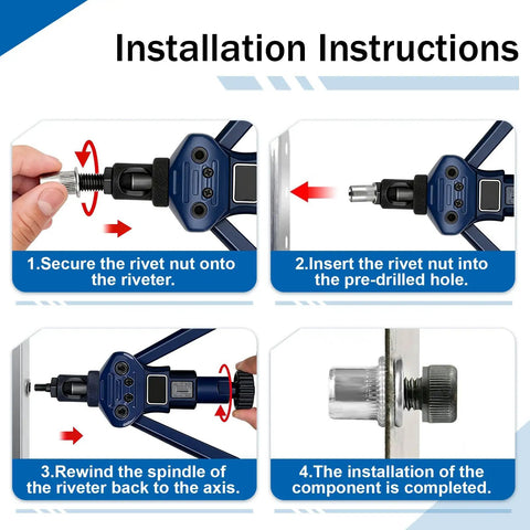 Installation instructions for Built Tough 304 Stainless Steel Rivnuts 5/16 Flat Head Knurled Nutserts, securing rivet nut on tool.