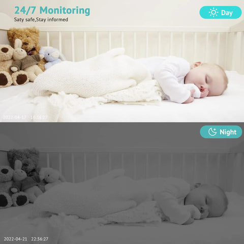 Ultra Clear 3MP Indoor Security Camera For Home Use With 2K Night Vision showing baby sleeping day and night view.