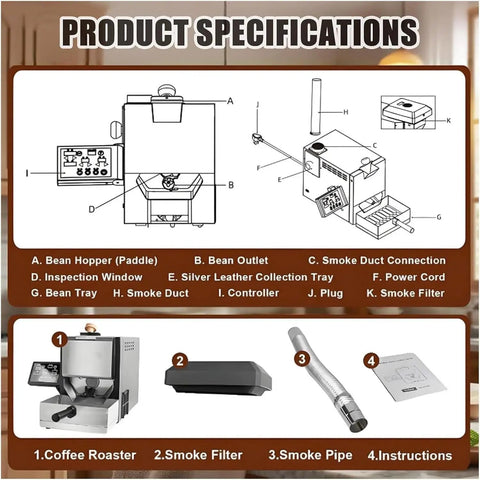 Product specifications diagram of Dope Compact Electric Coffee Bean Roaster With Smoke Filter And Digital Display.