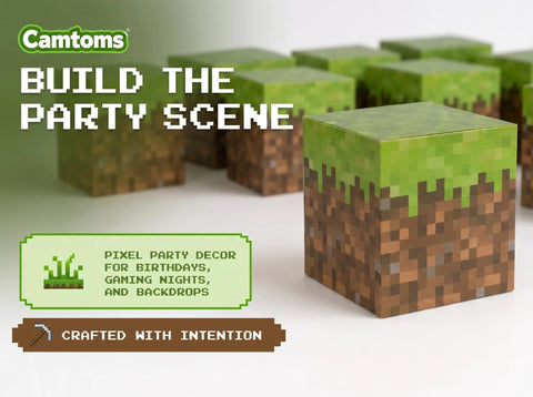 Fire Pixel Art Party Favor Boxes 8 Pack Grass Cubes Containers Sturdy Cardboard Treat Holders for gaming party setups.