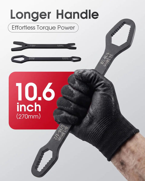 5 Piece Universal Do It All Self Adjusting Wrench Set With Self Locking Double End Torx Wrenches For Auto Repair Home Outdoor Riding One Eighth To One Inch Nut Sizes Durable Chrome Vanadium Steel, 10.6 inch handle shown