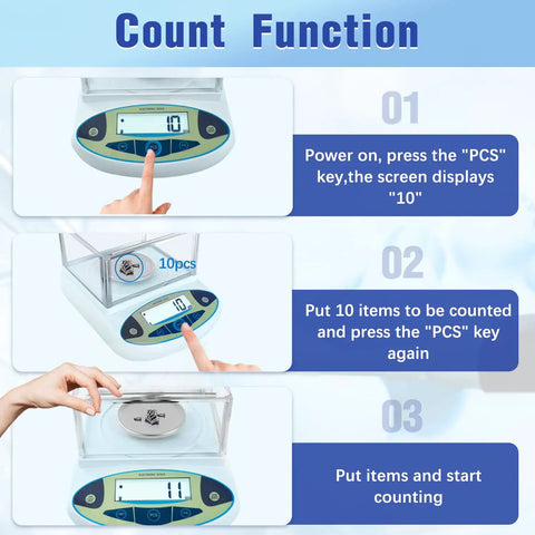 Instructions on using Pro Grade Lab Scale With 500 Gram Capacity And 0.001 Gram Precision, Windshield Digital Analytical Balance For Jewelry And Kitchen, Stainless Steel Construction, Level Indicator, Calibrate Before Use, showing counting feature with digital display