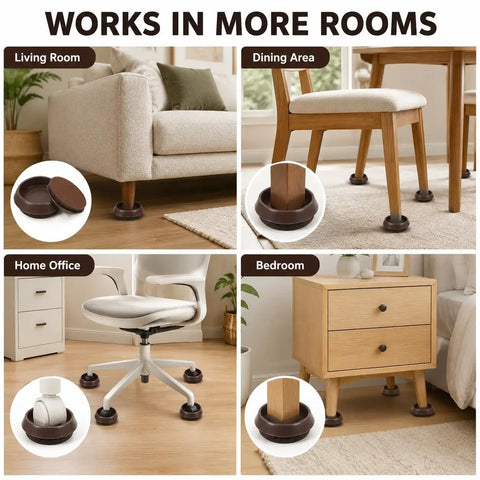10 Pack Furniture Caster Cups With Plush Felt Bottom Anti Skid Floor Savers use under couches, chairs, and beds across various rooms.
