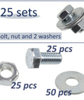 Easy Peasy M5 Steel Hardware Bundle With 25 Ten Millimeter Hex Bolts 50 Wide Washers And 25 Secure Nuts Made For Hassle Free Builds And Solid Weekend Workshop Projects, showing bolts, nuts, and washers.