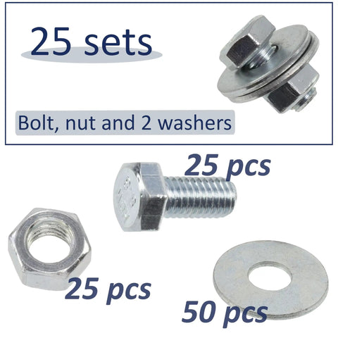 Easy Peasy M5 Steel Hardware Bundle With 25 Ten Millimeter Hex Bolts 50 Wide Washers And 25 Secure Nuts Made For Hassle Free Builds And Solid Weekend Workshop Projects, showing bolts, nuts, and washers.