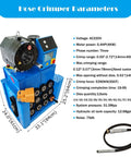 Hardcore Heavy Duty Top Shelf High Pressure Hydraulic Hose Crimper Machine With 13 Interchangeable Dies For Quick Electric Tube Shrinking and Fast Pipe Fitting On Any Job Site Using Standard 220V Plug And 4k Watt Motor showing crimping parameters and dimensions.