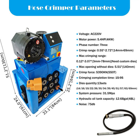 Hardcore Heavy Duty Top Shelf High Pressure Hydraulic Hose Crimper Machine With 13 Interchangeable Dies For Quick Electric Tube Shrinking and Fast Pipe Fitting On Any Job Site Using Standard 220V Plug And 4k Watt Motor showing crimping parameters and dimensions.
