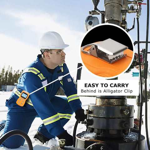Four In One Portable Gas Detector With Clip shown in field use on technician's gear, highlighting alligator clip design, easy to carry.